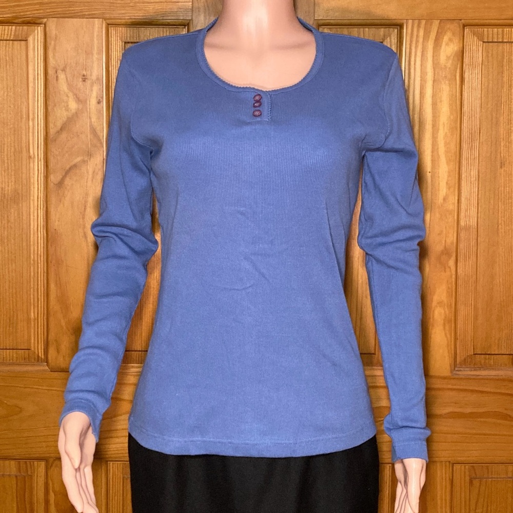 NWOT Faded Glory Stretch Vintage 80s 90s Top Long Sleeve Blouse Blue Size M